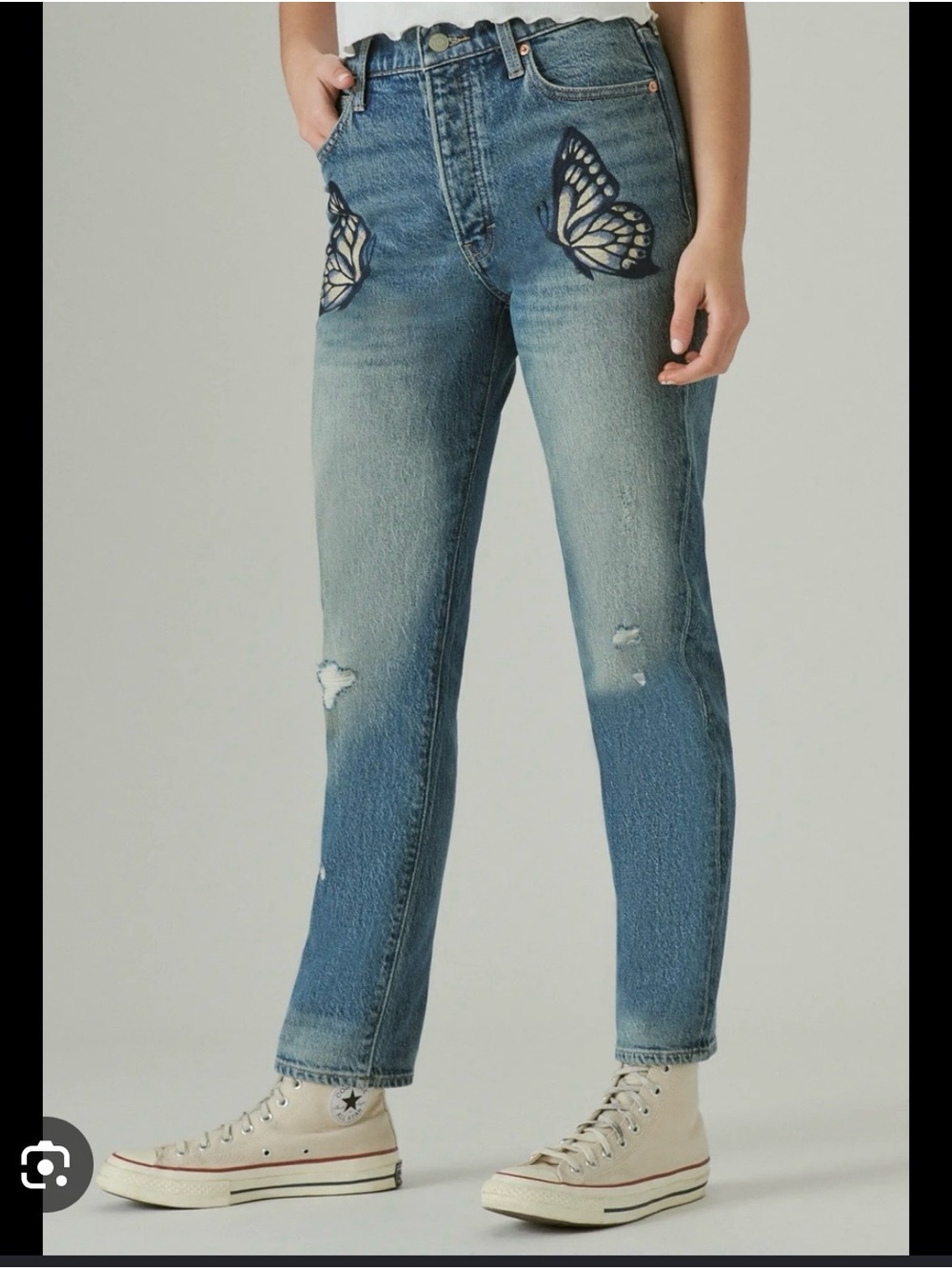 Lucky Brand Drew Mom High Rise Taper Butterfly Embroidery. New!